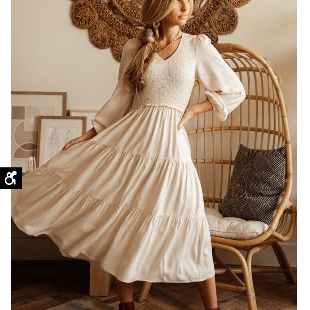 Bohem Smocked Tiered Midi Dress in Ivory XL